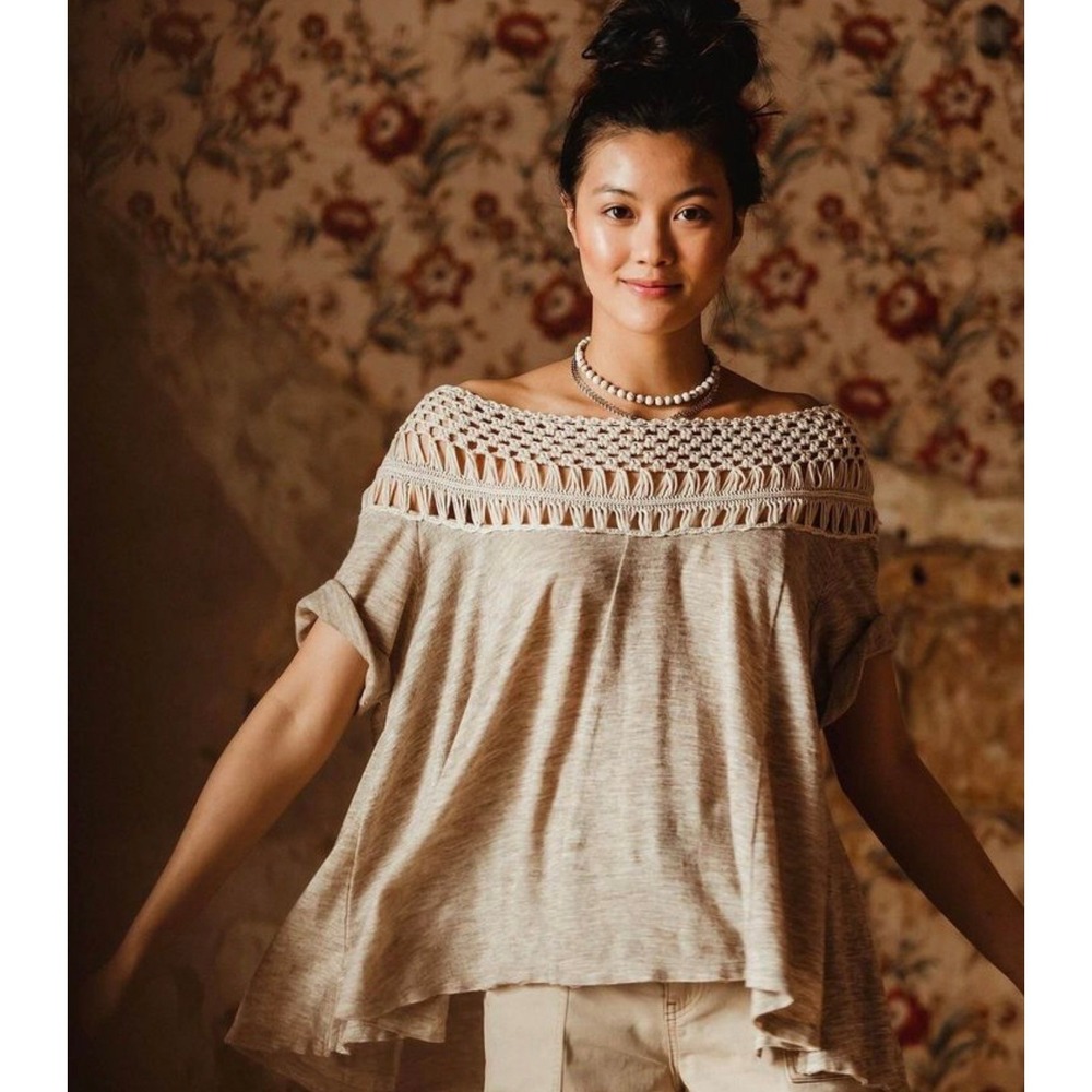 We The Free Free People Collette Top Tee Sweater Tan Beige Crochet Lace XS Boho